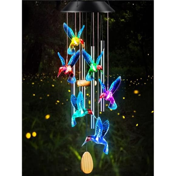 Wind Chimes,Hummingbird Solar Wind Chimes for Outside Color Changing,4 Aluminum - Picture 1 of 6